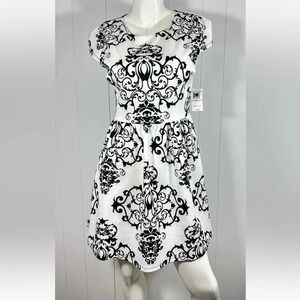 NEW B DARLIN Off-White Black Demask STRETCH KNIT Mesh Back Skater Dress